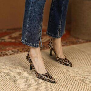 FOWT Brown Leopard Croc-Embossed Pointed Toe Pumps Women Dressy Slip on Shoes